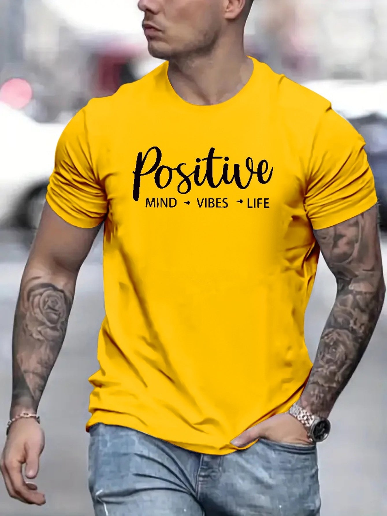 Positive Letter Pattern Print Men's Medium Stretch T-shirt, Graphic Tee Men's Summer Clothes, Men's Outfits