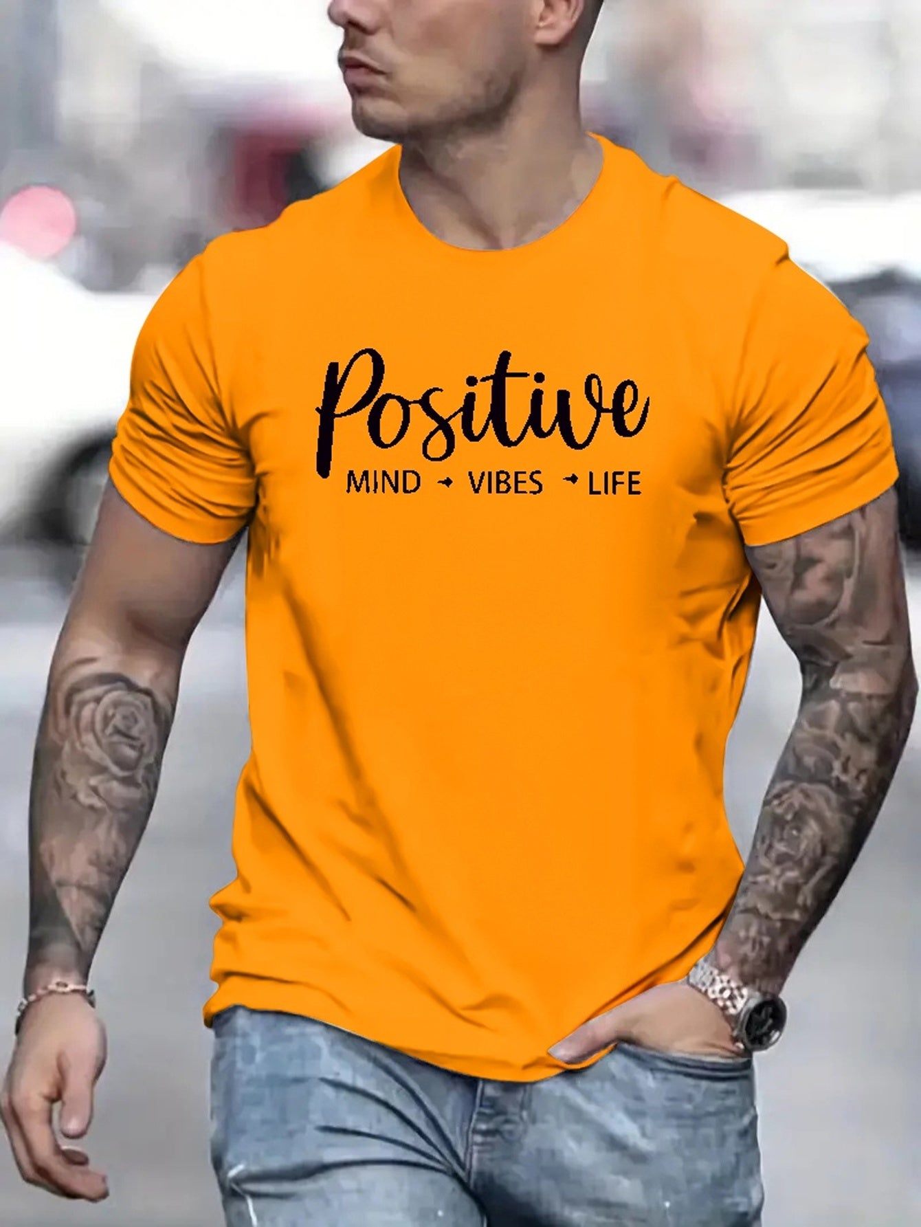 Positive Letter Pattern Print Men's Medium Stretch T-shirt, Graphic Tee Men's Summer Clothes, Men's Outfits