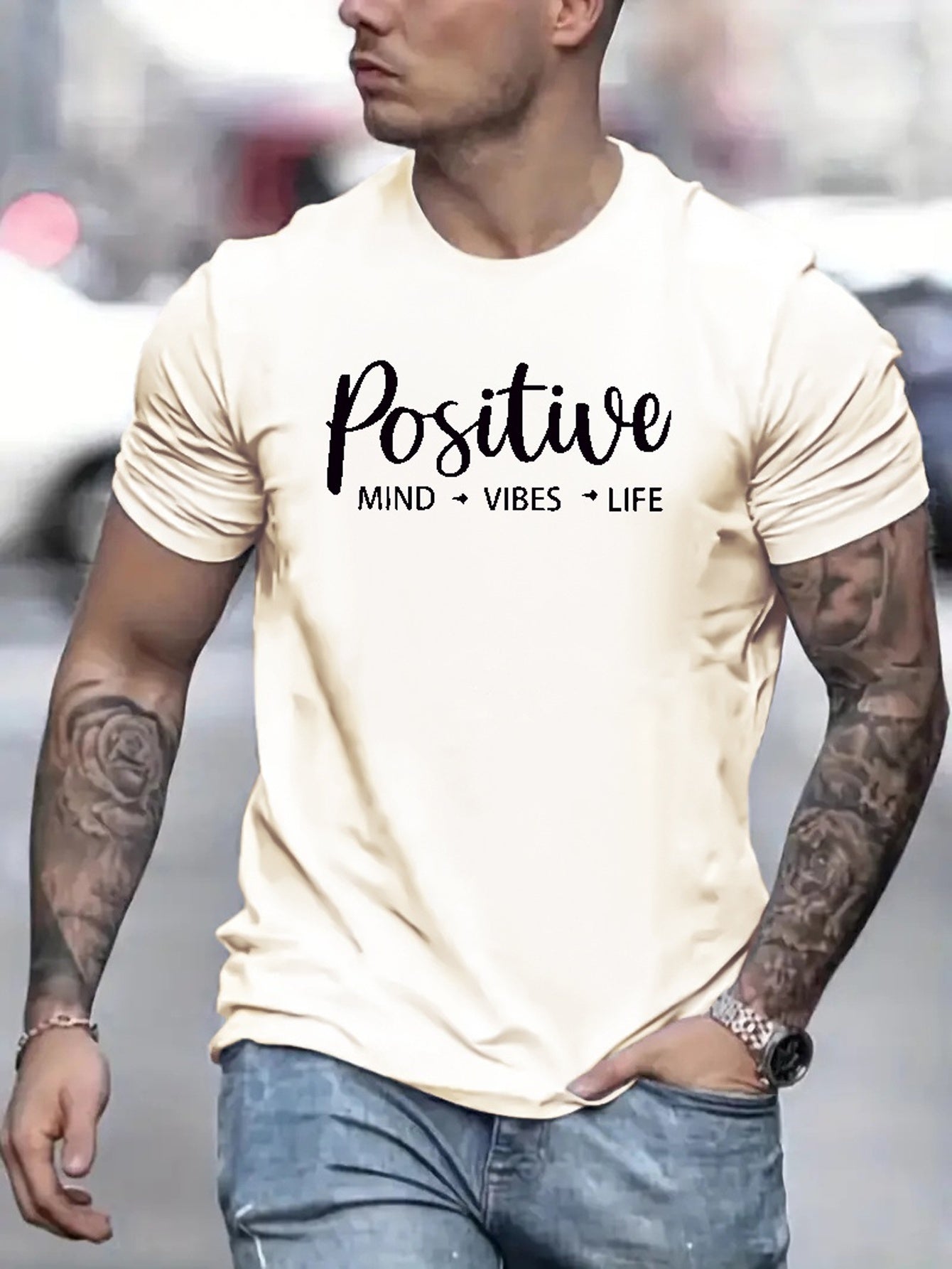 Positive Letter Pattern Print Men's Medium Stretch T-shirt, Graphic Tee Men's Summer Clothes, Men's Outfits