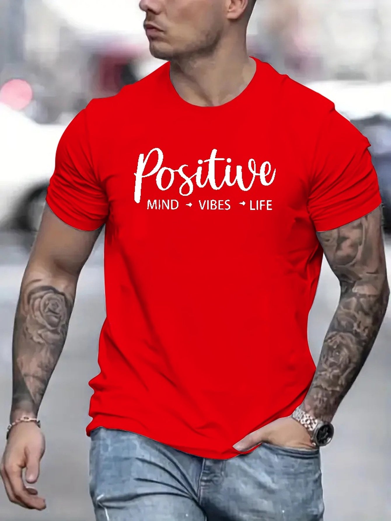 Positive Letter Pattern Print Men's Medium Stretch T-shirt, Graphic Tee Men's Summer Clothes, Men's Outfits