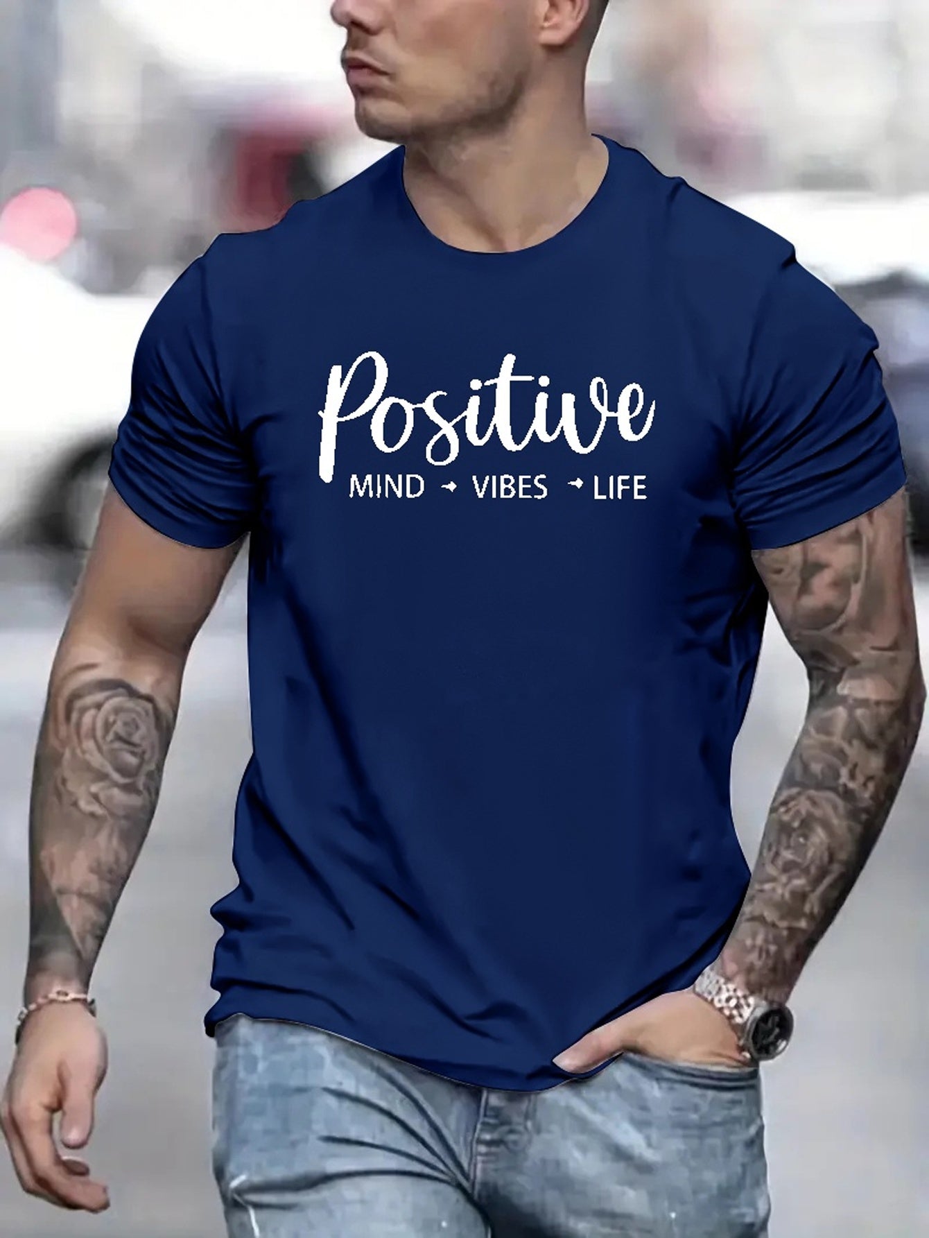 Positive Letter Pattern Print Men's Medium Stretch T-shirt, Graphic Tee Men's Summer Clothes, Men's Outfits