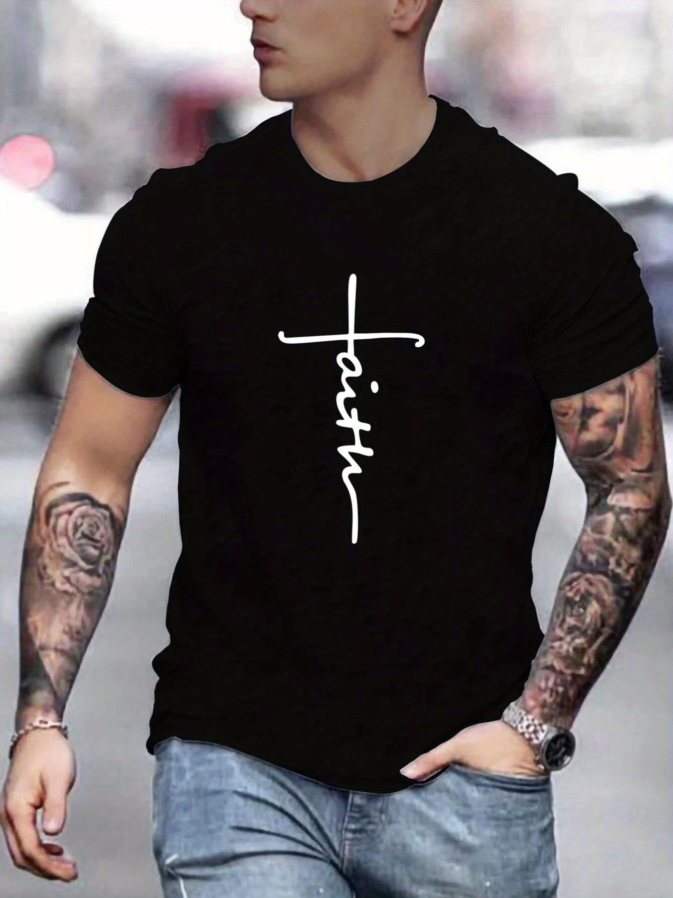 "Faith", Men's Casual Slightly Stretch Crew Neck Graphic Tee, Male Clothes For Summer