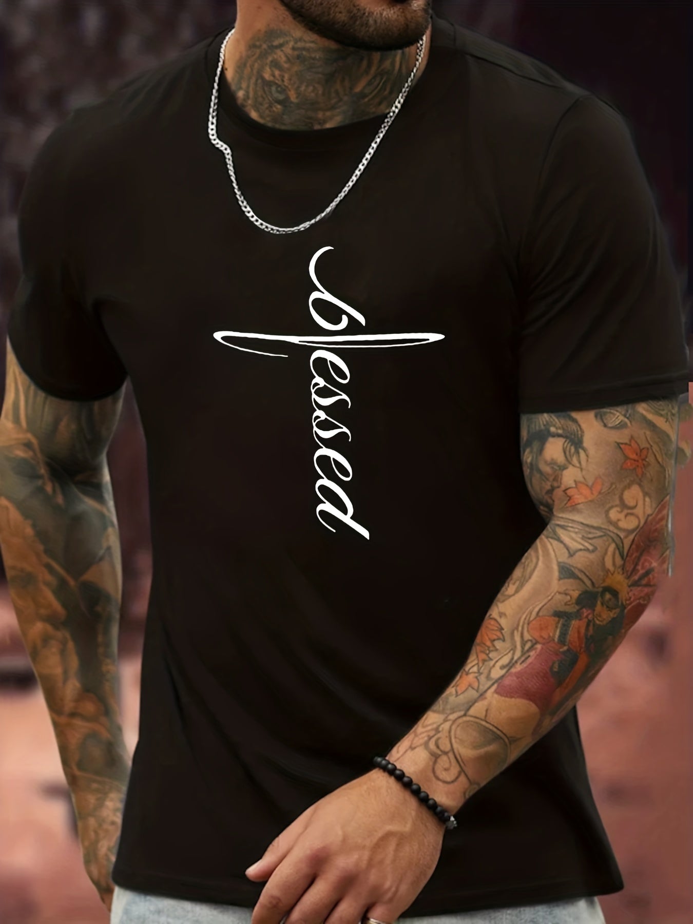 'Blessed' Print T Shirt, Tees For Men, Casual Short Sleeve Tshirt For Summer Spring Fall, Tops As Gifts