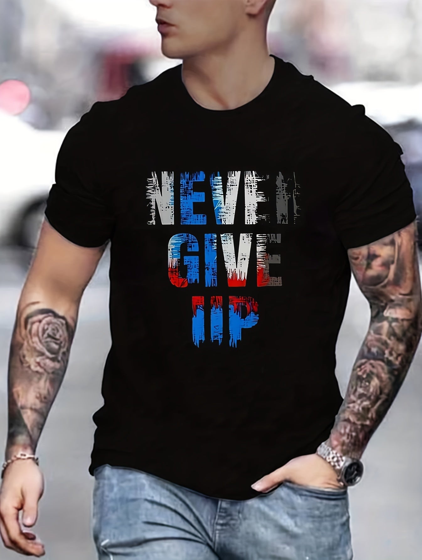 Never Give Up, Slogan Pattern Print Men's Comfy T-shirt, Graphic Tee Men's Summer Clothes, Men's Clothing