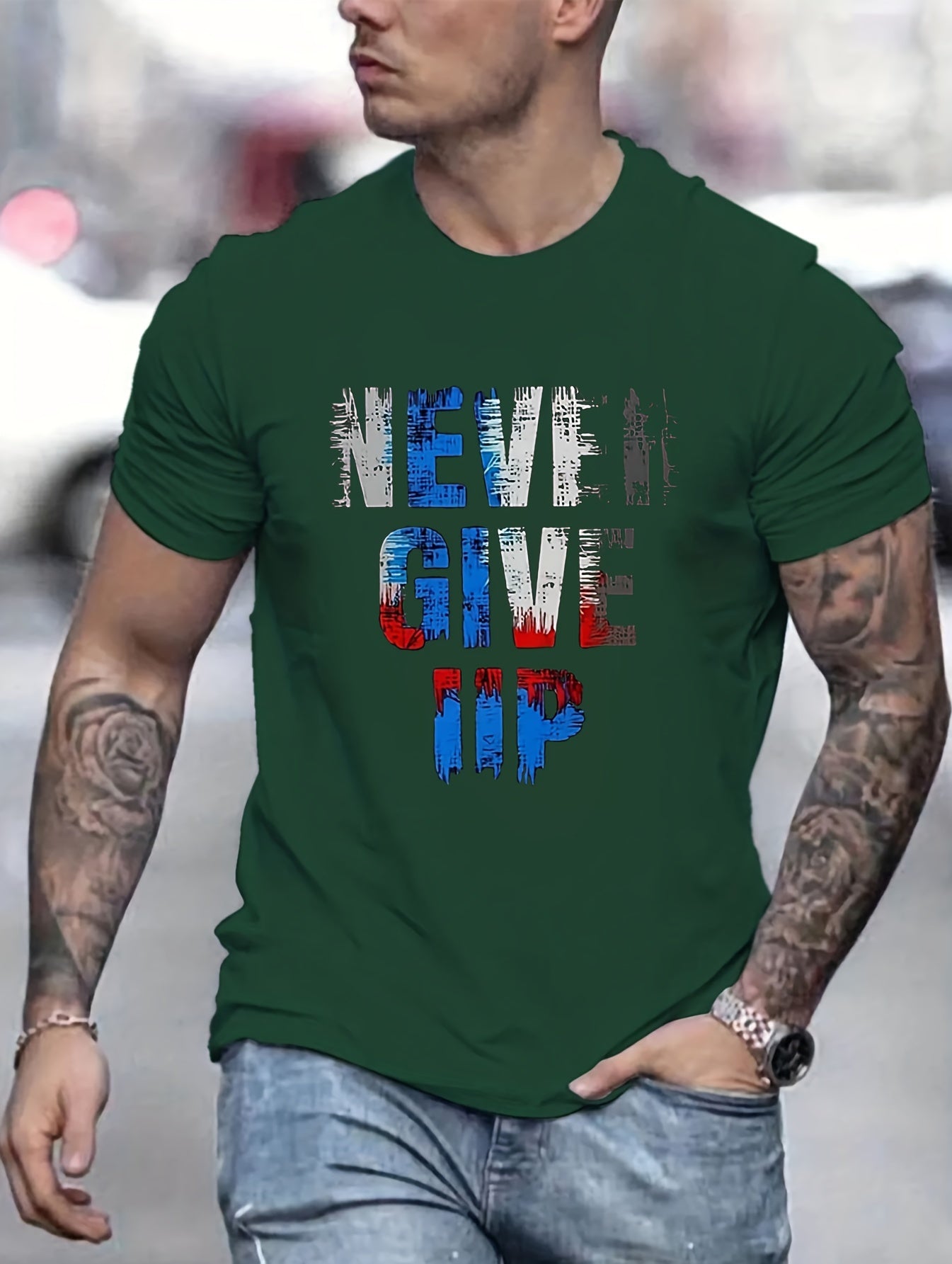 Never Give Up, Slogan Pattern Print Men's Comfy T-shirt, Graphic Tee Men's Summer Clothes, Men's Clothing