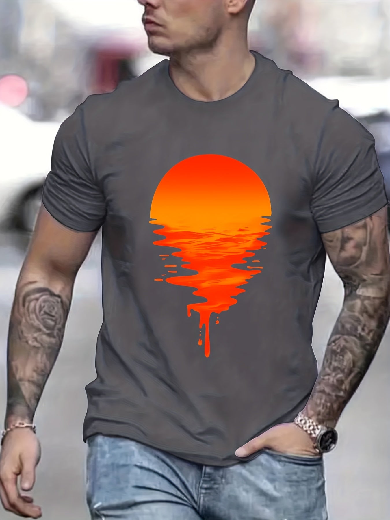 Sunset Print, Men's Graphic Design Crew Neck T-shirt, Casual Comfy Tees Tshirts For Summer, Men's Clothing Tops For Daily Vacation Resorts