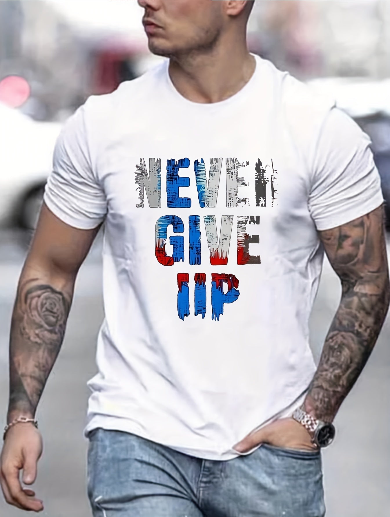 Never Give Up, Slogan Pattern Print Men's Comfy T-shirt, Graphic Tee Men's Summer Clothes, Men's Clothing