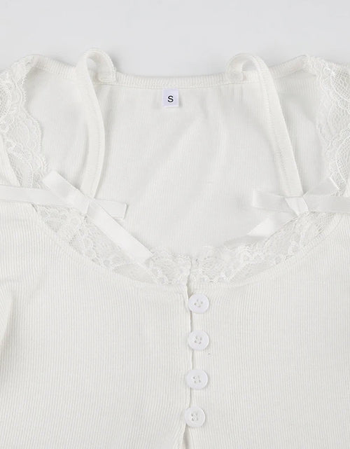 Load image into Gallery viewer, Halter Neck Lace Trim Bow Cute Black Y2K T-Shirt Women Button Up Slim Short Sleeve White Tees Sweet Balletcore Clothing
