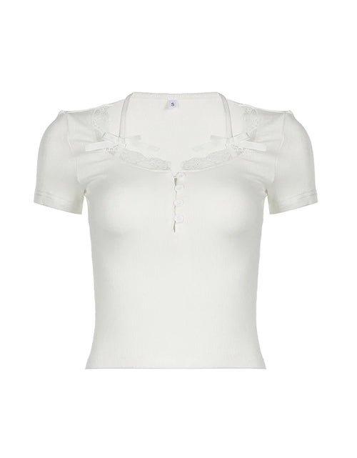 Load image into Gallery viewer, Halter Neck Lace Trim Bow Cute Black Y2K T-Shirt Women Button Up Slim Short Sleeve White Tees Sweet Balletcore Clothing
