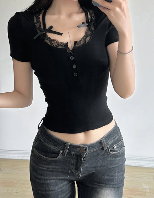 Load image into Gallery viewer, Halter Neck Lace Trim Bow Cute Black Y2K T-Shirt Women Button Up Slim Short Sleeve White Tees Sweet Balletcore Clothing
