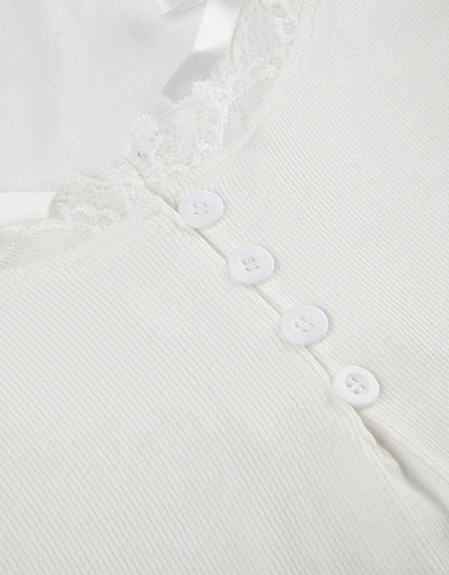 Load image into Gallery viewer, Halter Neck Lace Trim Bow Cute Black Y2K T-Shirt Women Button Up Slim Short Sleeve White Tees Sweet Balletcore Clothing
