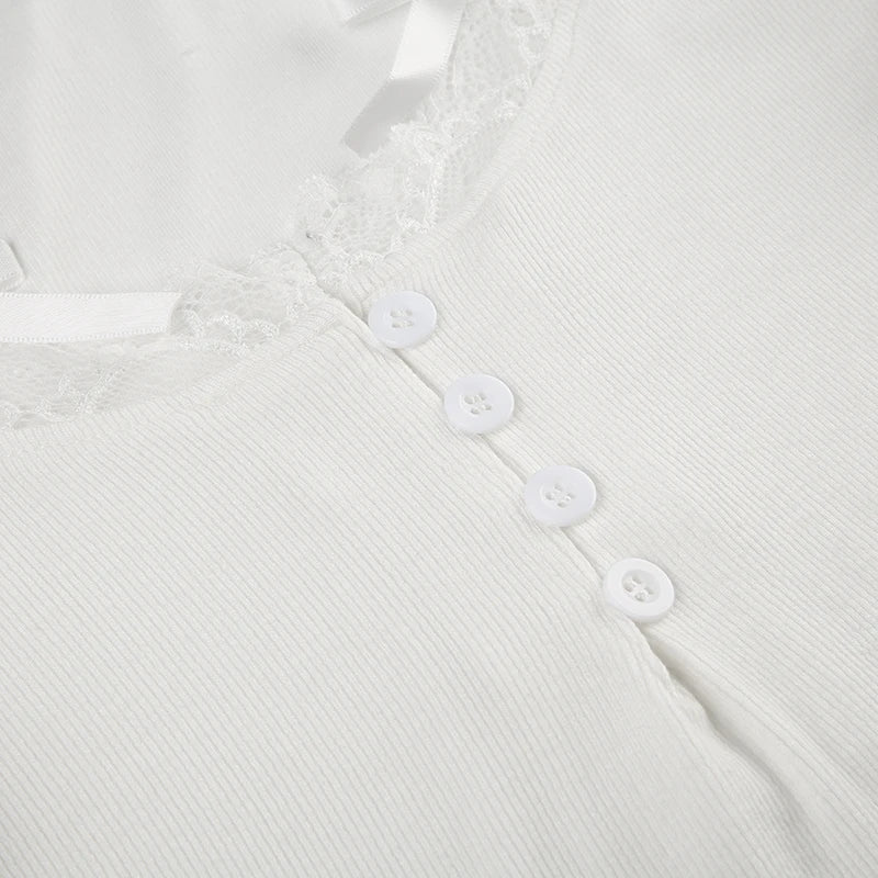 Halter Neck Lace Trim Bow Cute Black Y2K T-Shirt Women Button Up Slim Short Sleeve White Tees Sweet Balletcore Clothing