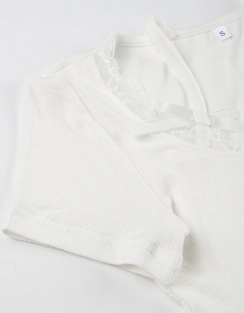 Load image into Gallery viewer, Halter Neck Lace Trim Bow Cute Black Y2K T-Shirt Women Button Up Slim Short Sleeve White Tees Sweet Balletcore Clothing
