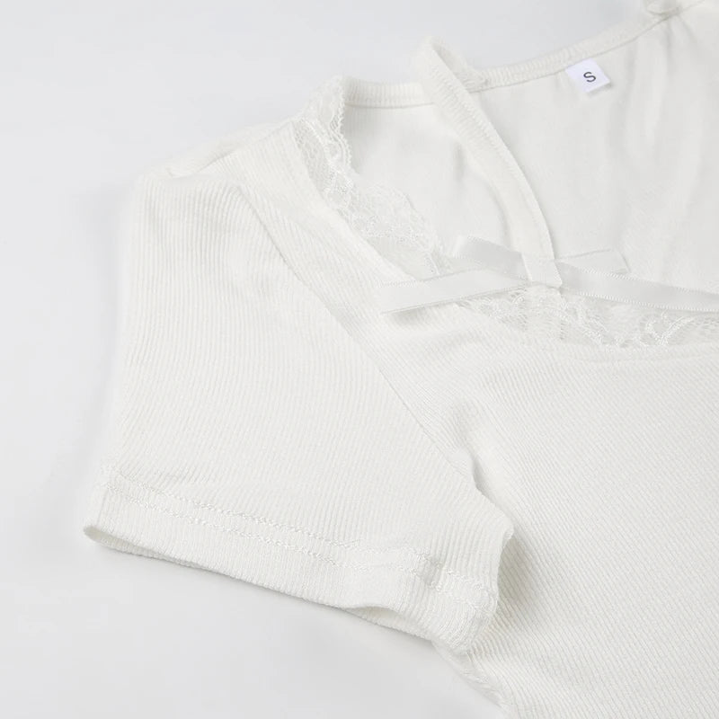 Halter Neck Lace Trim Bow Cute Black Y2K T-Shirt Women Button Up Slim Short Sleeve White Tees Sweet Balletcore Clothing