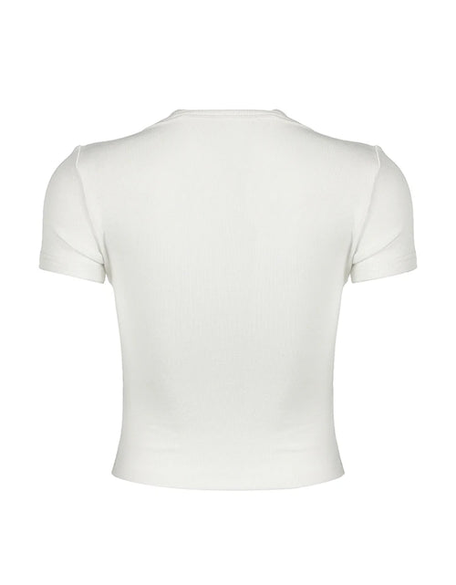 Load image into Gallery viewer, Halter Neck Lace Trim Bow Cute Black Y2K T-Shirt Women Button Up Slim Short Sleeve White Tees Sweet Balletcore Clothing
