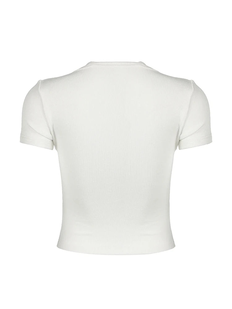 Halter Neck Lace Trim Bow Cute Black Y2K T-Shirt Women Button Up Slim Short Sleeve White Tees Sweet Balletcore Clothing