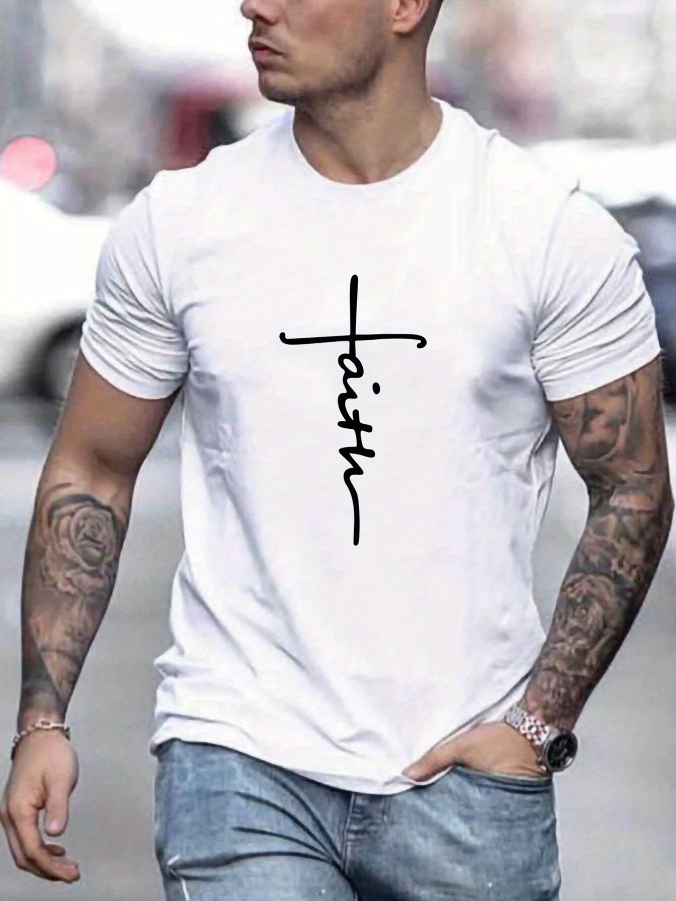 "Faith", Men's Casual Slightly Stretch Crew Neck Graphic Tee, Male Clothes For Summer