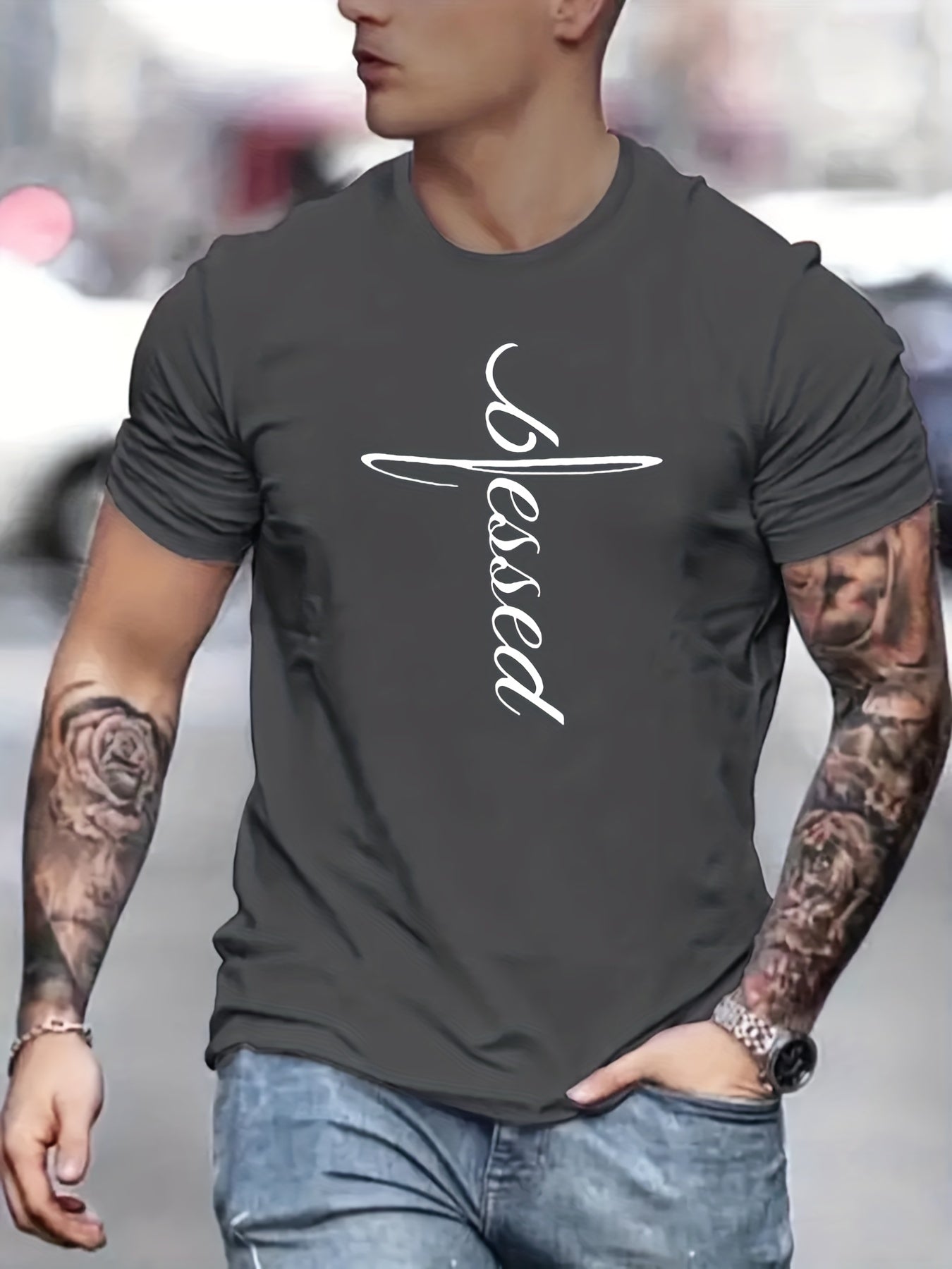 'Blessed' Print T Shirt, Tees For Men, Casual Short Sleeve Tshirt For Summer Spring Fall, Tops As Gifts