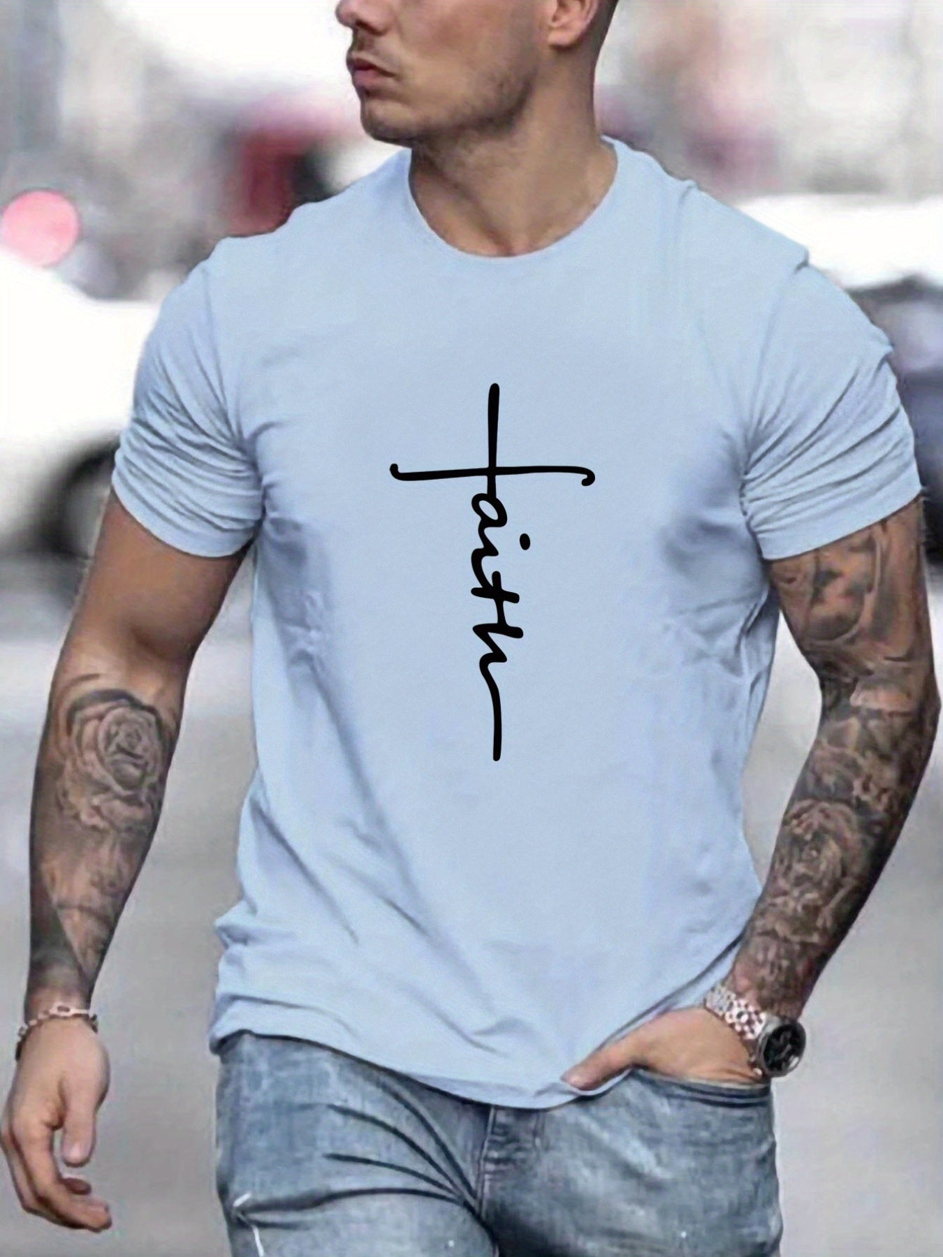 "Faith", Men's Casual Slightly Stretch Crew Neck Graphic Tee, Male Clothes For Summer