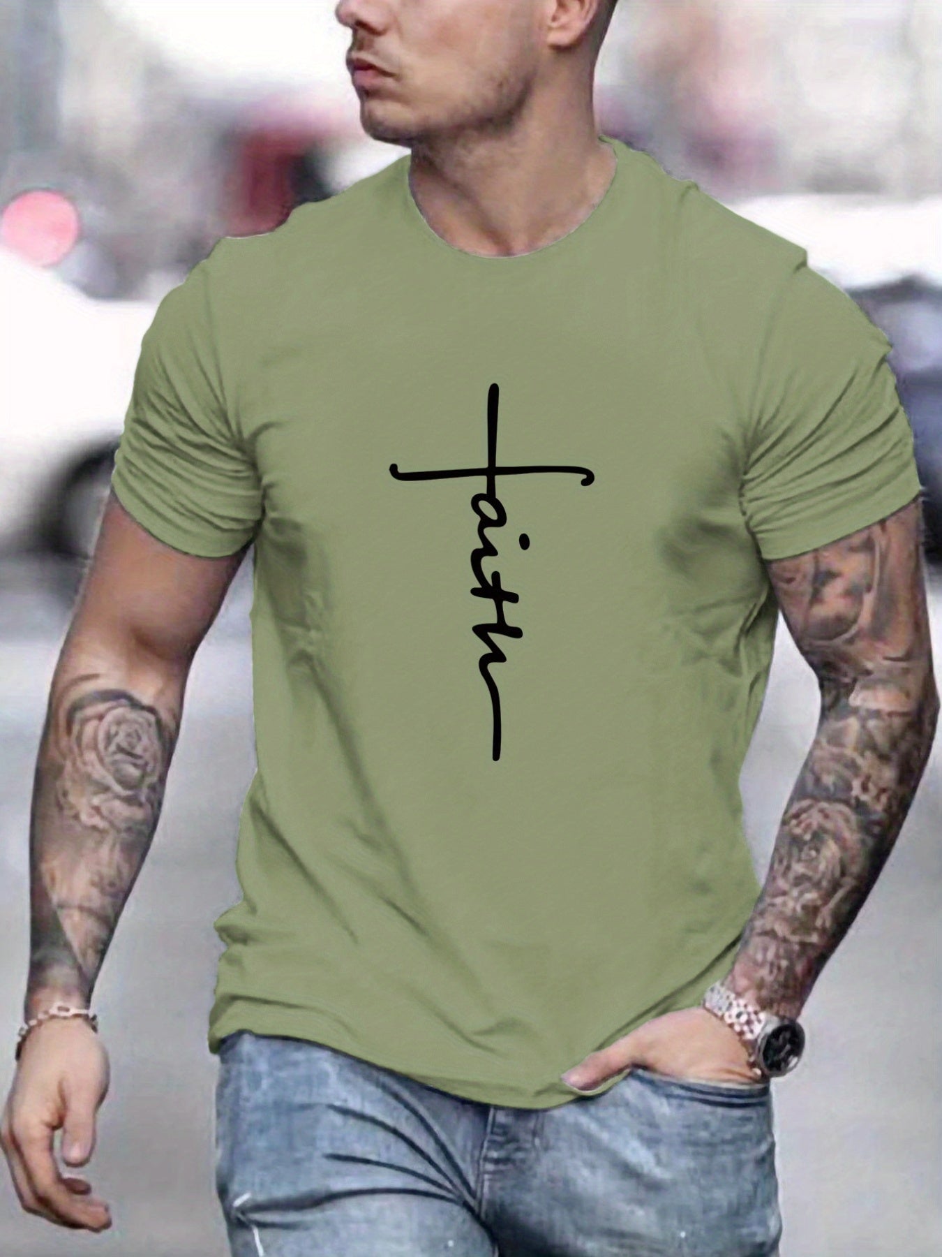 "Faith", Men's Casual Slightly Stretch Crew Neck Graphic Tee, Male Clothes For Summer