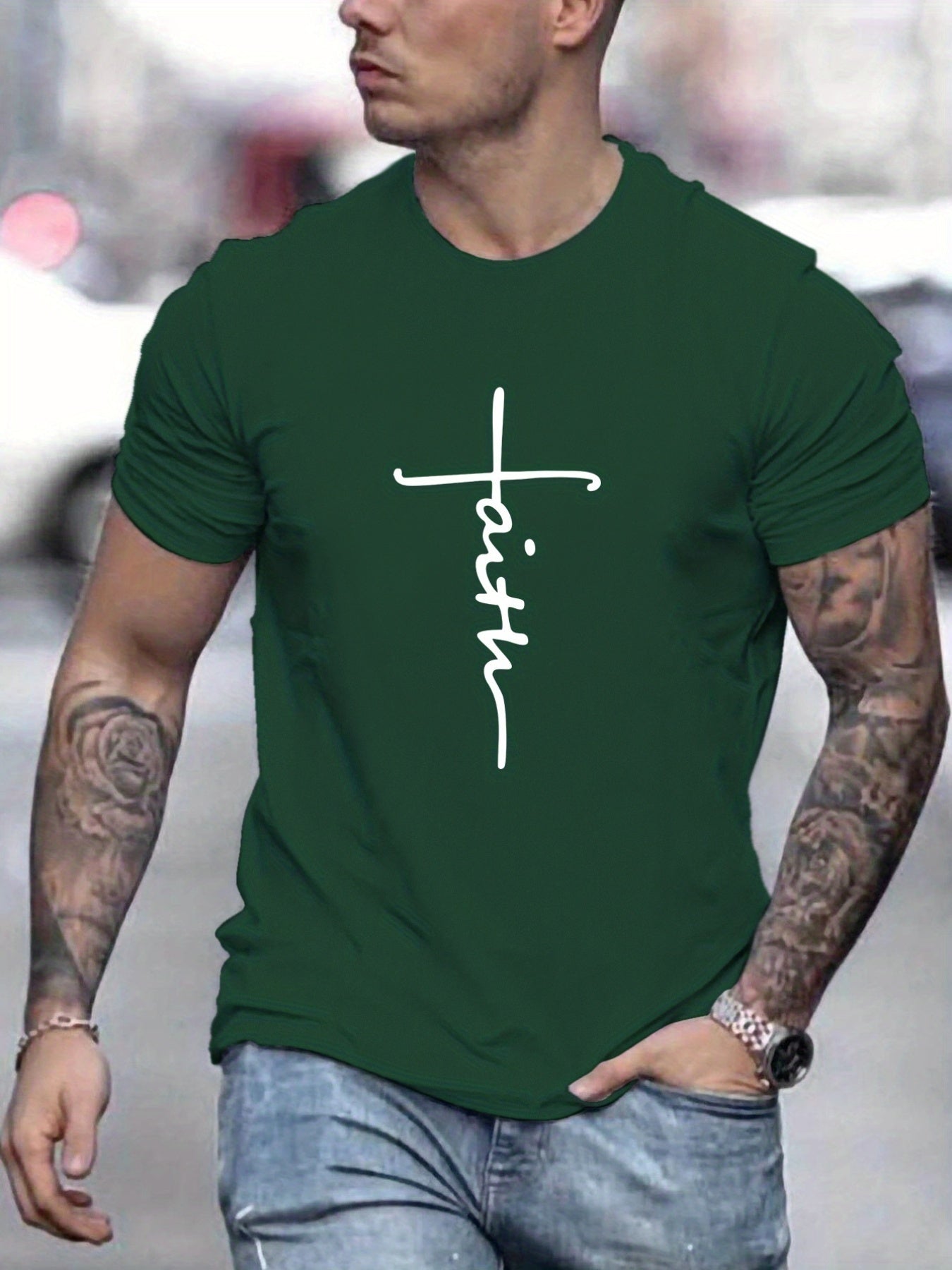 "Faith", Men's Casual Slightly Stretch Crew Neck Graphic Tee, Male Clothes For Summer