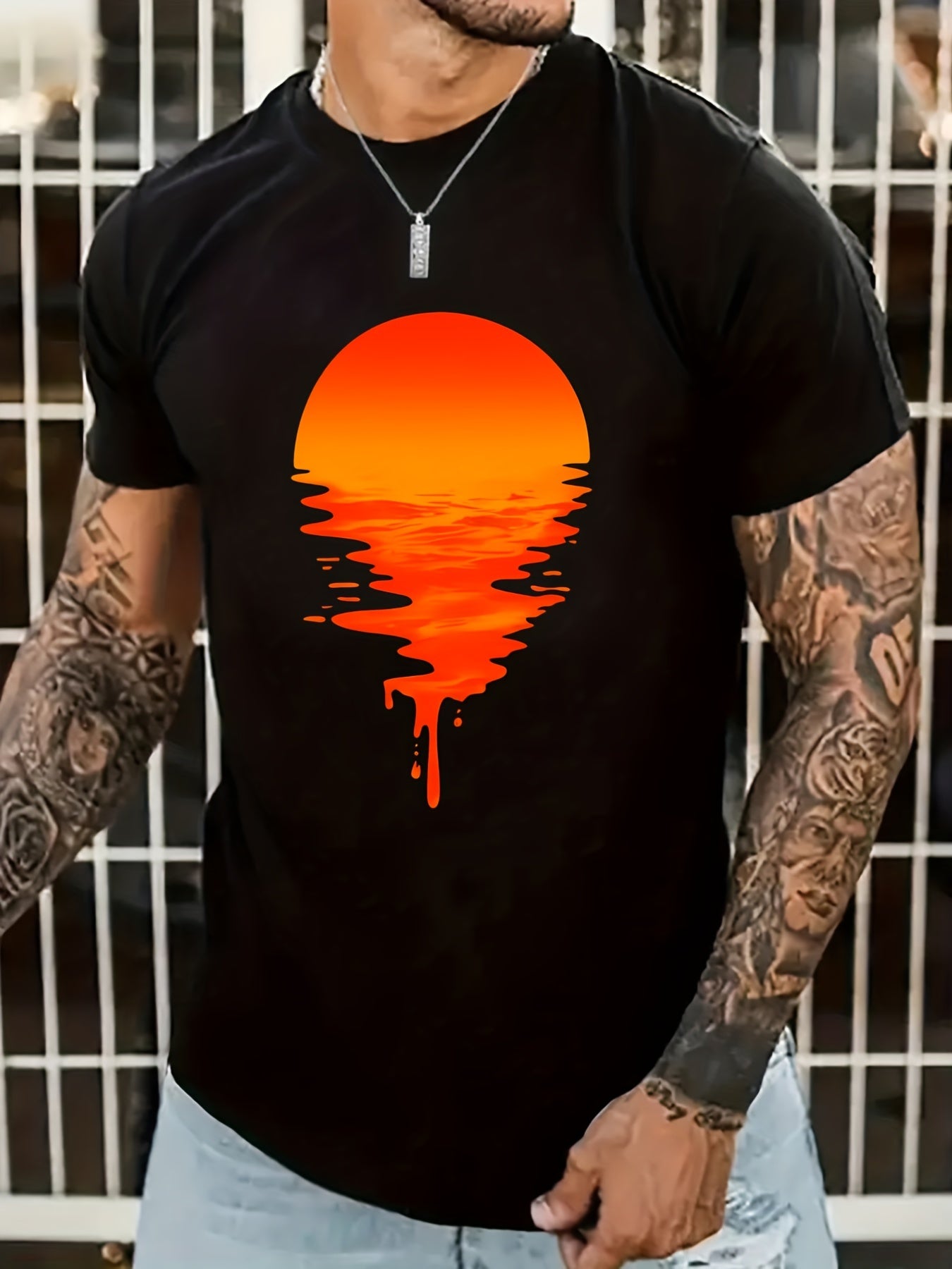 Sunset Print, Men's Graphic Design Crew Neck T-shirt, Casual Comfy Tees Tshirts For Summer, Men's Clothing Tops For Daily Vacation Resorts