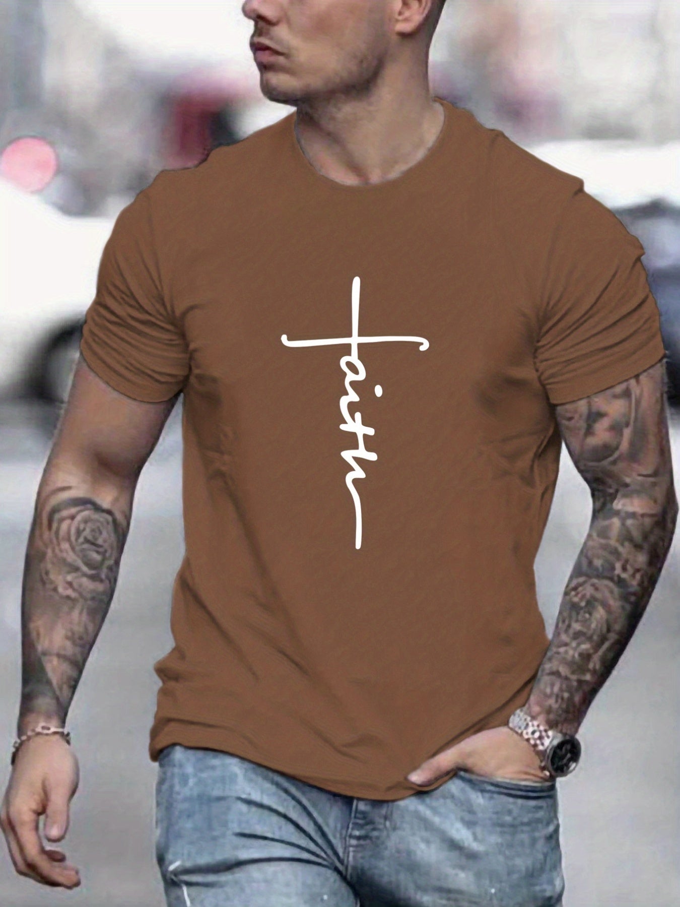 "Faith", Men's Casual Slightly Stretch Crew Neck Graphic Tee, Male Clothes For Summer