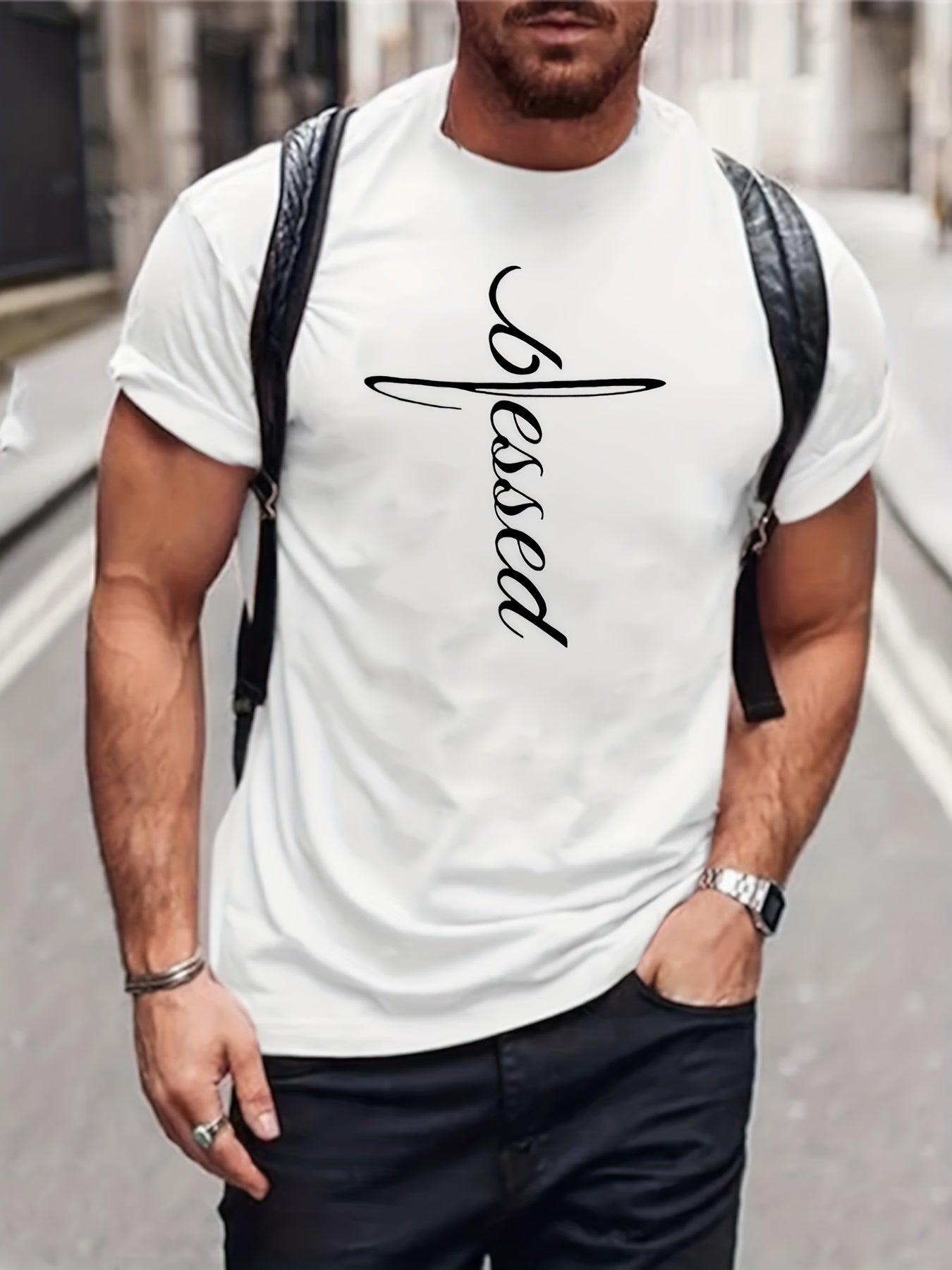 'Blessed' Print T Shirt, Tees For Men, Casual Short Sleeve Tshirt For Summer Spring Fall, Tops As Gifts