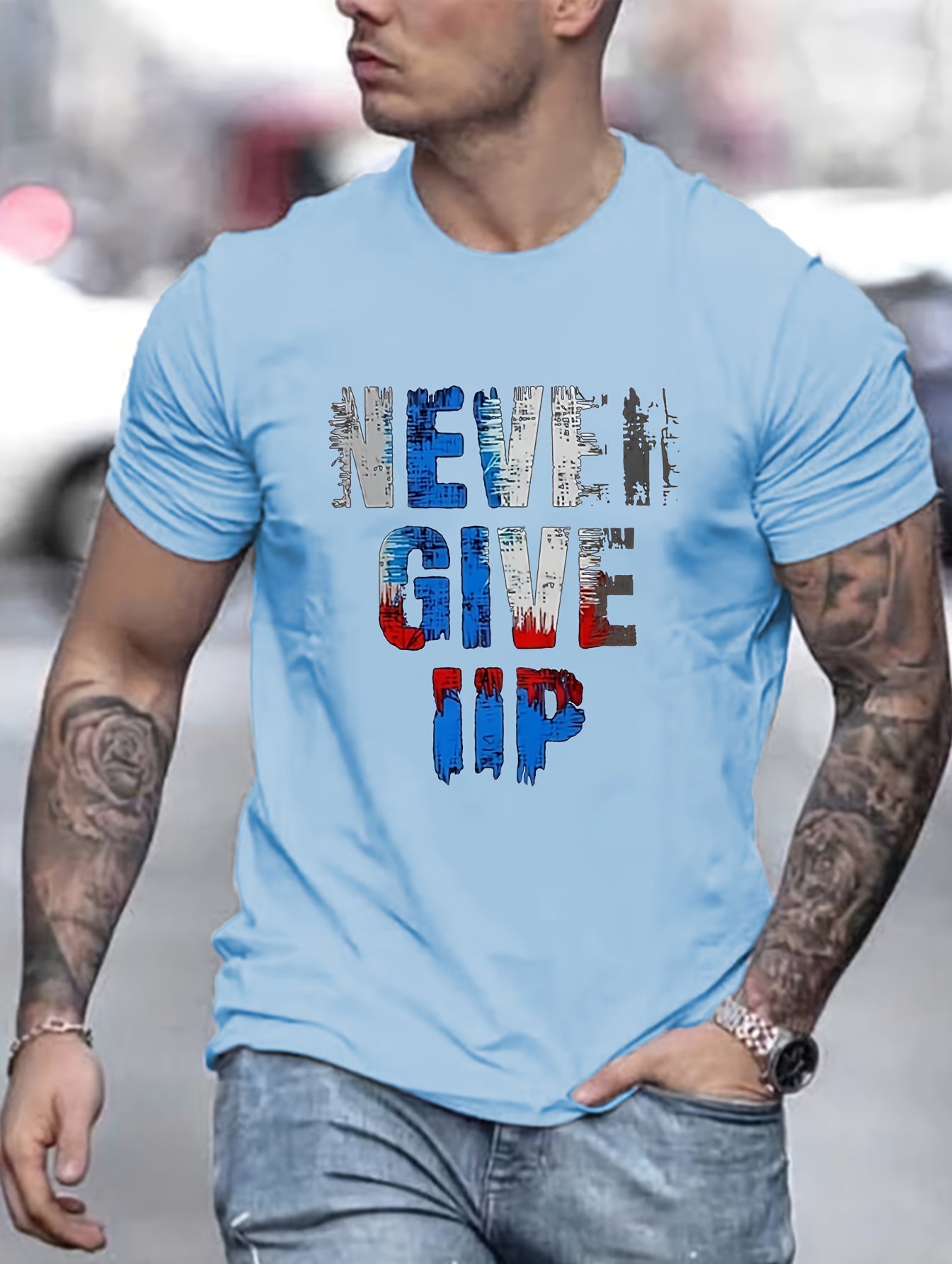 Never Give Up, Slogan Pattern Print Men's Comfy T-shirt, Graphic Tee Men's Summer Clothes, Men's Clothing